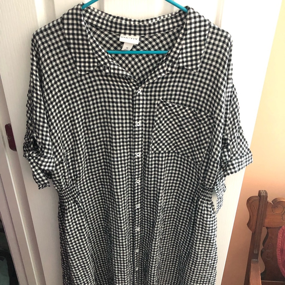 Black and White Gingham Print, Button-Up Style, T-Shirt Dress from Ava & Viv